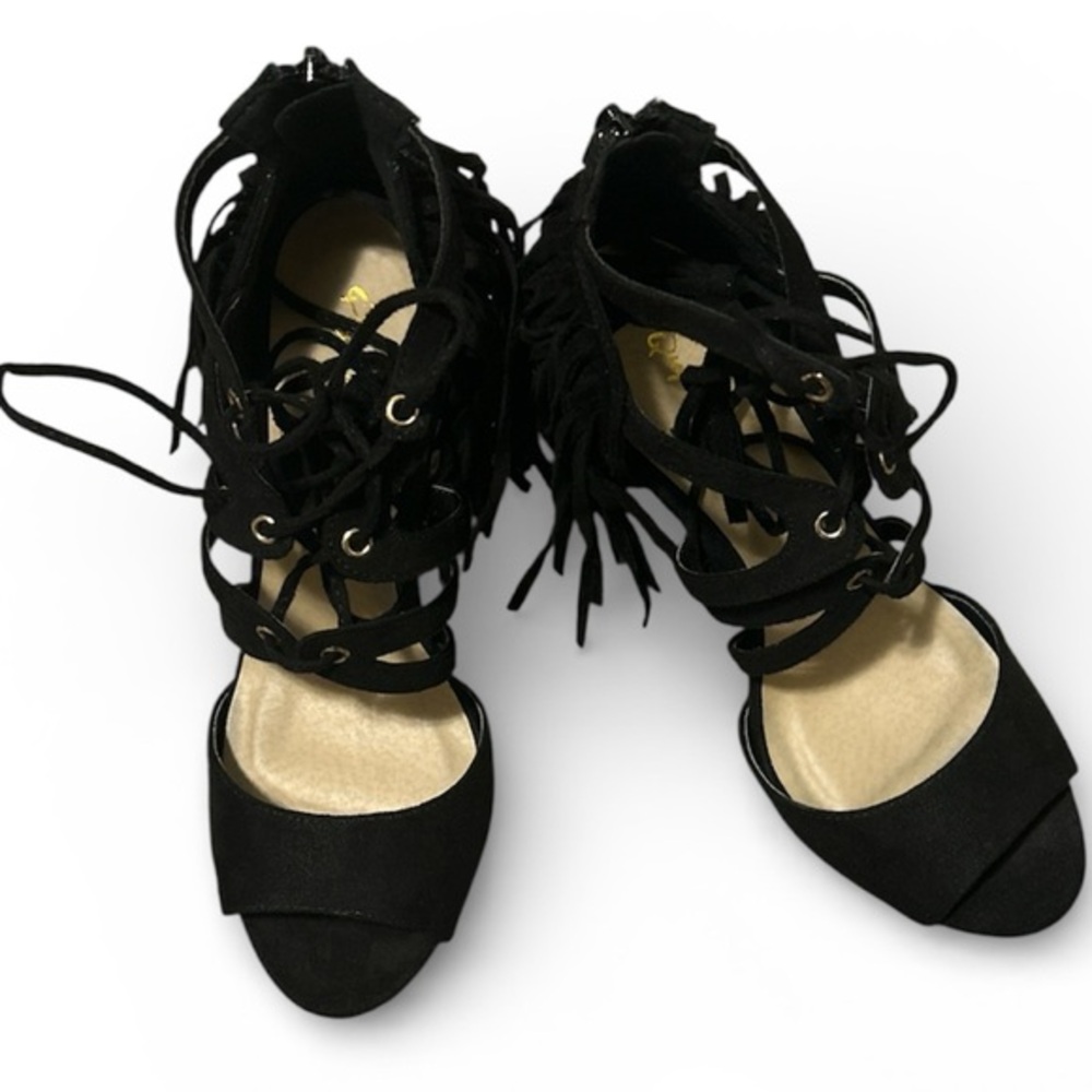 Qupid Elegant Black Stretch Suede Lace-Up Women's Heels Size 8 - NWT